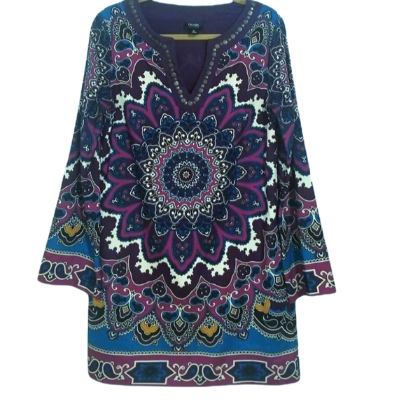 Nicloe Miller Geometric Paisley Purple tunic Shift dress Wrinkle free size 10 - Picture 1 of 12